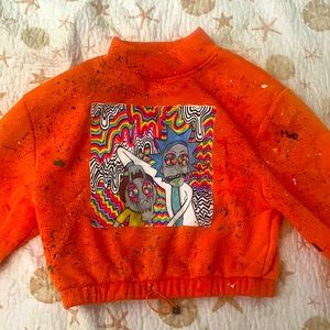 Hand painted trippy Rick and morty orange sweatshirt, slightly cropped,